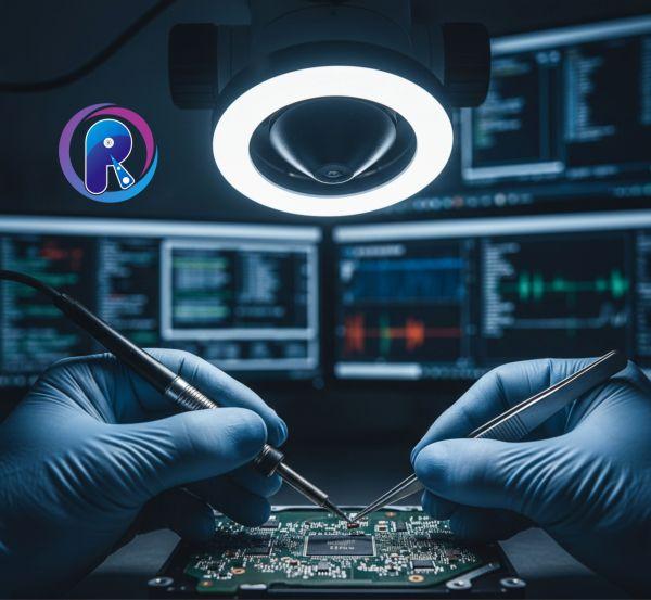 Técnico realizando micro-soldadura de chip ROM en disco duro