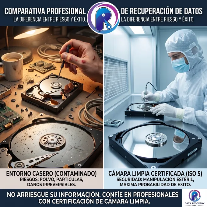 Disco duro abierto y contaminado en casa vs entorno de cámara limpia