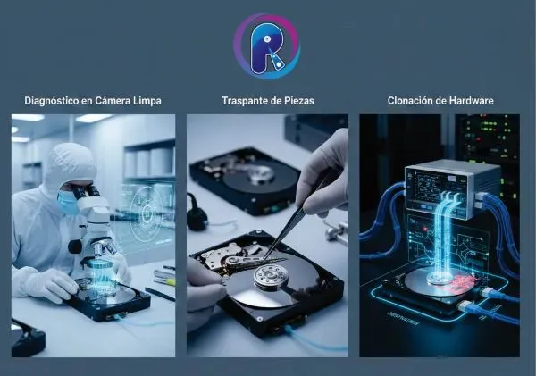 Instalaciones de laboratorio forense con cabina de flujo laminar y herramientas PC-3000